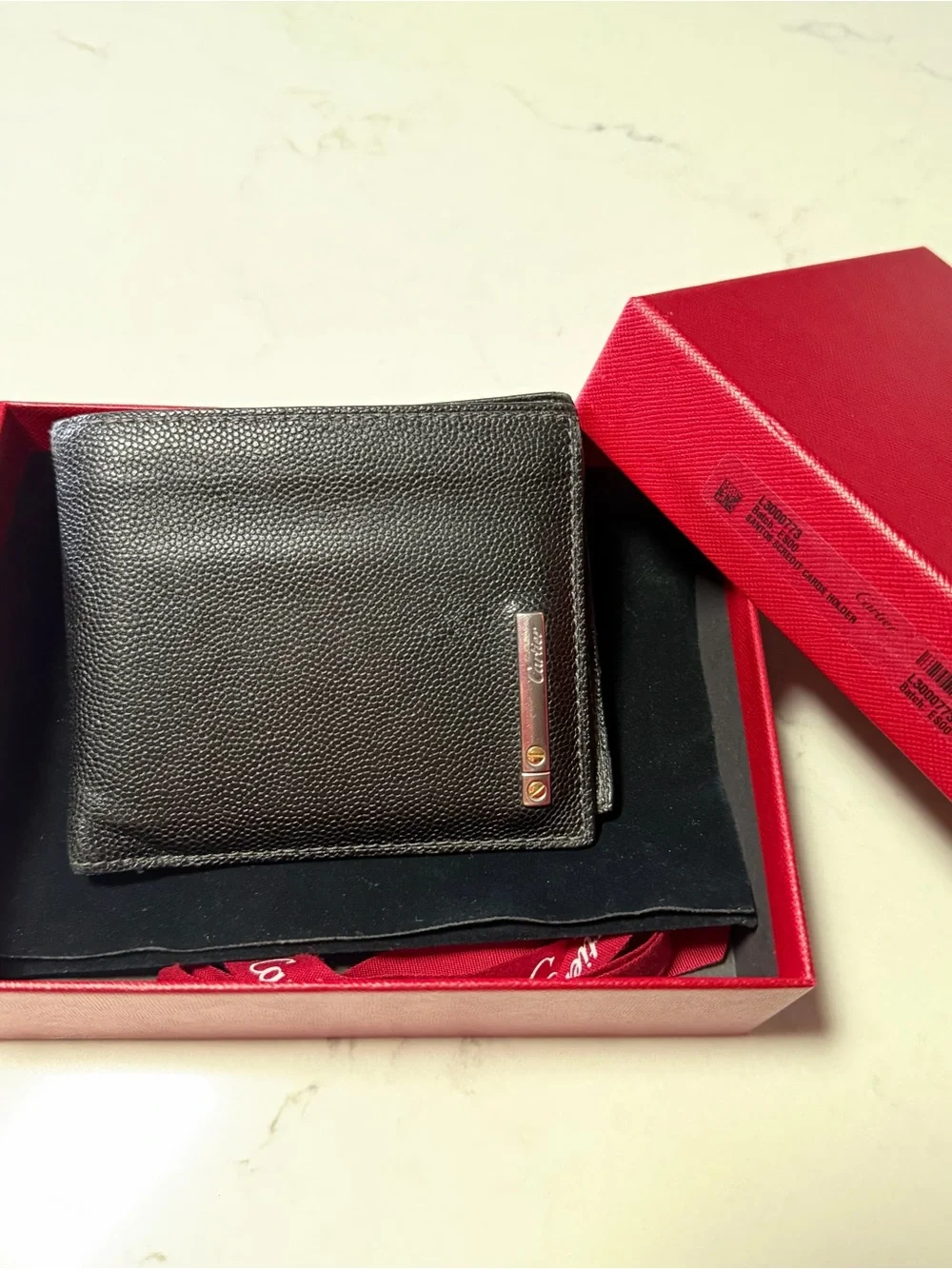Vintage Santos de Cartier Black Grained Leather Bifold Wallet Luxury